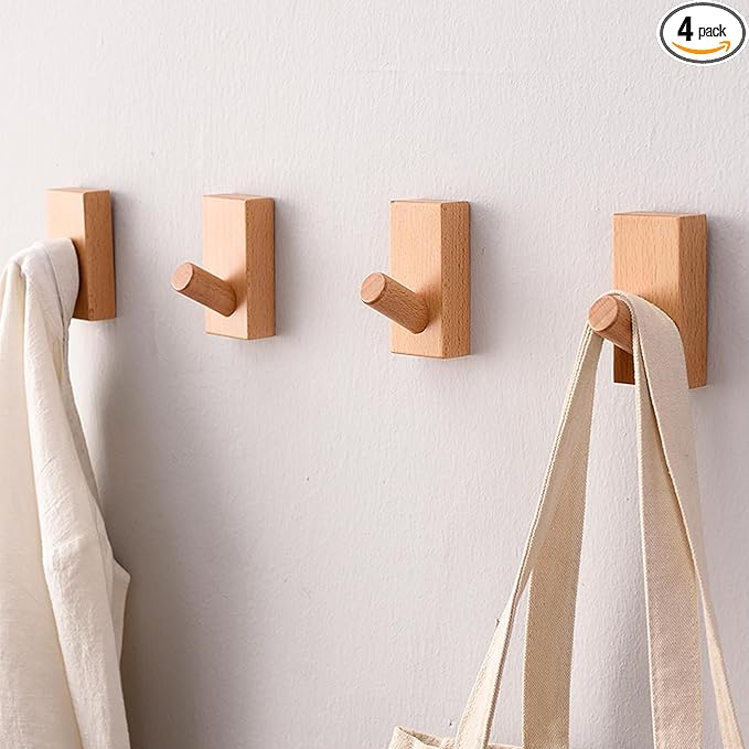 Wood Coat Hooks Wall Mounted - 4 Pack Wall Hooks